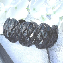 Load image into Gallery viewer, Antique Victorian Carved Whitby Jet Bracelet. Wide Faceted Black Gemstone Mourning Bracelet. Antique Whitby Jet Stretch Cuff Bracelet