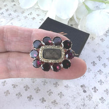 Load image into Gallery viewer, Antique Georgian 15ct Gold, Flat-Cut Garnet & Hair Work Brooch. Mourning,Sentimental,Love Token Jewelry. Small Gold Brooch, Lapel/Cravat Pin