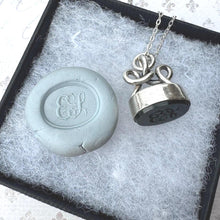 Load image into Gallery viewer, Antique Georgian Silver Eternity Knot Seal Fob Pendant. Lady's Dainty Intaglio Wax Seal Monogram Pendant. Silver Scroll Bloodstone Pendant.