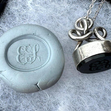 Load image into Gallery viewer, Antique Georgian Silver Eternity Knot Seal Fob Pendant. Lady's Dainty Intaglio Wax Seal Monogram Pendant. Silver Scroll Bloodstone Pendant.
