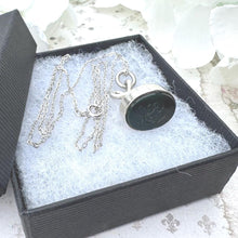 Load image into Gallery viewer, Antique Georgian Silver Eternity Knot Seal Fob Pendant. Lady's Dainty Intaglio Wax Seal Monogram Pendant. Silver Scroll Bloodstone Pendant.