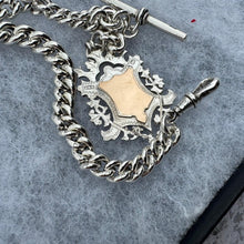 Load image into Gallery viewer, Antique Victorian Heavy Silver & Gold Pocket Watch Chain Dated 1889 With Large Fob. Chunky Albert Watch Chain Bracelet With T-Bar and Clip