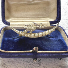 Cargar imagen en el visor de la galería, Victorian Sterling Silver Crescent Moon Brooch: Seed Pearl, Ruby & Saint Esprit Dove Lapel Pin