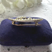 Cargar imagen en el visor de la galería, Victorian Sterling Silver Crescent Moon Brooch: Seed Pearl, Ruby & Saint Esprit Dove Lapel Pin