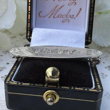 Lade das Bild in den Galerie-Viewer, Antique Edwardian English Silver Baby Brooch, Dated 1904. "Baby" Bib Pin. Baptismal, Birth, Christening, Baby Shower Keepsake Jewellery Gift