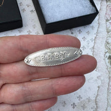 Lade das Bild in den Galerie-Viewer, Antique Edwardian English Silver Baby Brooch, Dated 1904. "Baby" Bib Pin. Baptismal, Birth, Christening, Baby Shower Keepsake Jewellery Gift