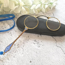 Load image into Gallery viewer, Antique 14ct Gold Filled French Blue Enamel Folding Lorgnette/Quizzing Glass In Original Case. Victorian Eyeglasses. Gold Magnifying Pendant