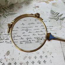 Load image into Gallery viewer, Antique 14ct Gold Filled French Blue Enamel Folding Lorgnette/Quizzing Glass In Original Case. Victorian Eyeglasses. Gold Magnifying Pendant