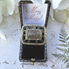 Load image into Gallery viewer, Antique Georgian 9ct Gold & Enamel Rectangular Mourning Brooch/Pendant With Hair Work. In Memory Of Memorial Brooch With Locket Compartment