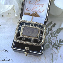 Load image into Gallery viewer, Antique Georgian 9ct Gold & Enamel Rectangular Mourning Brooch/Pendant With Hair Work. In Memory Of Memorial Brooch With Locket Compartment