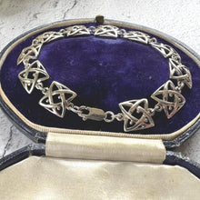 Load image into Gallery viewer, Vintage Sterling Silver Celtic Shield Knot Bracelet. Celtic Infinity Eternity Amulet Bracelet. Solid Silver Fancy Link Panel Bracelet