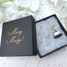 Load image into Gallery viewer, Antique Georgian Silver Eternity Knot Seal Fob Pendant. Lady's Dainty Intaglio Wax Seal Monogram Pendant. Silver Scroll Bloodstone Pendant.