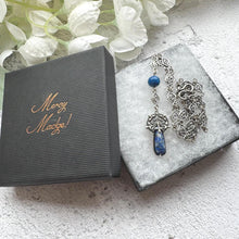 Carica l'immagine nel visualizzatore di Gallery, Antique Art Nouveau 800 Silver & Lapis Lazuli Lariat Necklace: Edwardian Ornate Chain Y-Necklace With Oxalis Leaf Drop Pendant
