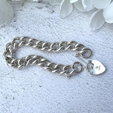 Load image into Gallery viewer, Vintage Chunky Sterling Silver Chain Bracelet & Love Heart Padlock Clasp. Heavy Classic Curb Chain Bracelet: Manshaw London 1977, 52 Grams