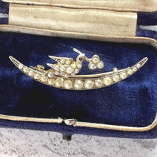 Cargar imagen en el visor de la galería, Victorian Sterling Silver Crescent Moon Brooch: Seed Pearl, Ruby & Saint Esprit Dove Lapel Pin