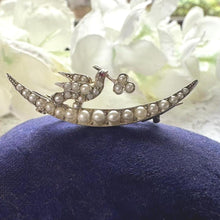 Cargar imagen en el visor de la galería, Victorian Sterling Silver Crescent Moon Brooch: Seed Pearl, Ruby & Saint Esprit Dove Lapel Pin