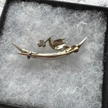 Cargar imagen en el visor de la galería, Victorian Sterling Silver Crescent Moon Brooch: Seed Pearl, Ruby & Saint Esprit Dove Lapel Pin