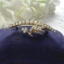 Cargar imagen en el visor de la galería, Victorian Sterling Silver Crescent Moon Brooch: Seed Pearl, Ruby & Saint Esprit Dove Lapel Pin