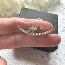 Cargar imagen en el visor de la galería, Victorian Sterling Silver Crescent Moon Brooch: Seed Pearl, Ruby & Saint Esprit Dove Lapel Pin