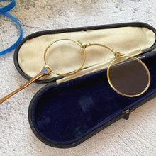 Load image into Gallery viewer, Antique 14ct Gold Filled French Blue Enamel Folding Lorgnette/Quizzing Glass In Original Case. Victorian Eyeglasses. Gold Magnifying Pendant