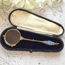 Load image into Gallery viewer, Antique 14ct Gold Filled French Blue Enamel Folding Lorgnette/Quizzing Glass In Original Case. Victorian Eyeglasses. Gold Magnifying Pendant