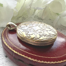 Carica l'immagine nel visualizzatore di Gallery, Antique Victorian Gold Tone Floral Locket Pendant: Engraved Oval Photo Keepsake