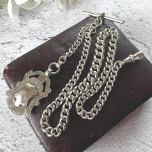 Load image into Gallery viewer, Edwardian Sterling Silver Watch Chain With Fob, T-Bar & Dog Clip. Antique 1914 Silver Albert Chain. Silver Curb Link Watch Chain Bracelet