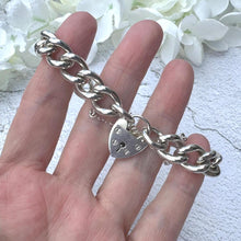 Load image into Gallery viewer, Vintage Chunky Sterling Silver Chain Bracelet & Love Heart Padlock Clasp. Heavy Classic Curb Chain Bracelet: Manshaw London 1977, 52 Grams
