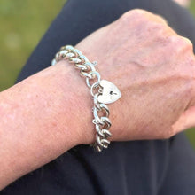 Load image into Gallery viewer, Vintage Chunky Sterling Silver Chain Bracelet & Love Heart Padlock Clasp. Heavy Classic Curb Chain Bracelet: Manshaw London 1977, 52 Grams