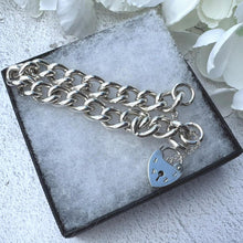 Load image into Gallery viewer, Vintage Chunky Sterling Silver Chain Bracelet & Love Heart Padlock Clasp. Heavy Classic Curb Chain Bracelet: Manshaw London 1977, 52 Grams