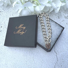 Load image into Gallery viewer, Vintage Chunky Sterling Silver Chain Bracelet & Love Heart Padlock Clasp. Heavy Classic Curb Chain Bracelet: Manshaw London 1977, 52 Grams