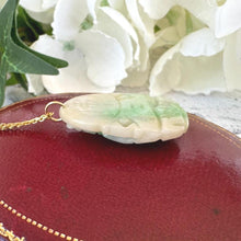 Load image into Gallery viewer, Vintage Carved Jade Guanyin Gold Pendant Necklace. Apple Green Moss-In-Snow Jadeite Chinese Goddess Pendant & Chain