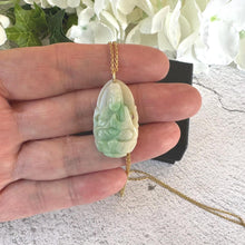 Load image into Gallery viewer, Vintage Carved Jade Guanyin Gold Pendant Necklace. Apple Green Moss-In-Snow Jadeite Chinese Goddess Pendant & Chain