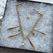 Load image into Gallery viewer, Art Deco 18ct Rolled Gold Egyptian Revival Necklace: Antique Book Chain Bib Collar Necklace, Czech Peking Glass & Pearl Drops