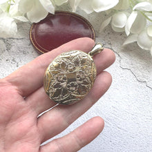 Carica l'immagine nel visualizzatore di Gallery, Antique Victorian Gold Tone Floral Locket Pendant: Engraved Oval Photo Keepsake