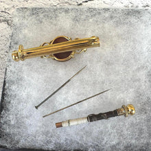 Load image into Gallery viewer, Victorian Goldstone German Nanny Brooch - Novelty Sewing Etui - Seamstress Jewellery - Antique Needle Case