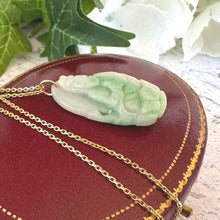Load image into Gallery viewer, Vintage Carved Jade Guanyin Gold Pendant Necklace. Apple Green Moss-In-Snow Jadeite Chinese Goddess Pendant & Chain