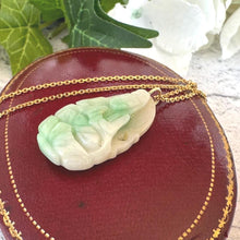 Load image into Gallery viewer, Vintage Carved Jade Guanyin Gold Pendant Necklace. Apple Green Moss-In-Snow Jadeite Chinese Goddess Pendant & Chain