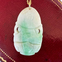 Load image into Gallery viewer, Vintage Carved Jade Guanyin Gold Pendant Necklace. Apple Green Moss-In-Snow Jadeite Chinese Goddess Pendant & Chain