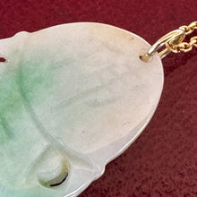 Load image into Gallery viewer, Vintage Carved Jade Guanyin Gold Pendant Necklace. Apple Green Moss-In-Snow Jadeite Chinese Goddess Pendant & Chain