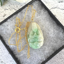 Load image into Gallery viewer, Vintage Carved Jade Guanyin Gold Pendant Necklace. Apple Green Moss-In-Snow Jadeite Chinese Goddess Pendant & Chain