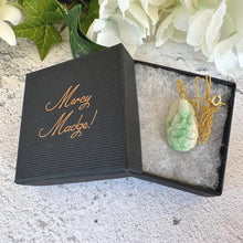 Load image into Gallery viewer, Vintage Carved Jade Guanyin Gold Pendant Necklace. Apple Green Moss-In-Snow Jadeite Chinese Goddess Pendant & Chain
