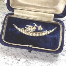 Cargar imagen en el visor de la galería, Victorian Sterling Silver Crescent Moon Brooch: Seed Pearl, Ruby & Saint Esprit Dove Lapel Pin