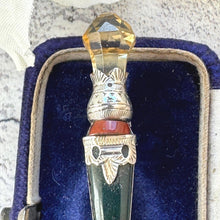 Load image into Gallery viewer, Victorian Scottish Citrine Thistle Sgian Dubh Silver Brooch: Antique Sterling Silver Figural Lapel Pin