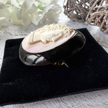 Load image into Gallery viewer, Antique Victorian Carved Coral Cameo Whitby Jet Brooch