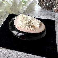 Load image into Gallery viewer, Antique Victorian Carved Coral Cameo Whitby Jet Brooch