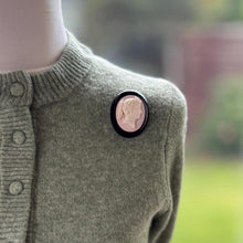 Load image into Gallery viewer, Antique Victorian Carved Coral Cameo Whitby Jet Brooch