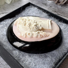 Load image into Gallery viewer, Antique Victorian Carved Coral Cameo Whitby Jet Brooch