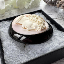 Load image into Gallery viewer, Antique Victorian Carved Coral Cameo Whitby Jet Brooch