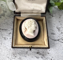 Load image into Gallery viewer, Antique Victorian Carved Coral Cameo Whitby Jet Brooch